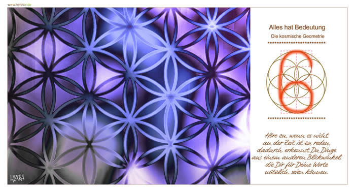 Höre zu, wenn es nicht an der Zeit ist zu reden, dadurch erkennst Du Dinge aus einem anderen Blickwinkel, die Dir für Deine Worte nützlich seien können.Die SECHS weist uns neue RICHTUNGEN auf. Wie die Himmelsrichtungen der VIER gibt es nun auch das OBEN und das UNTEN. Unser RAUM gewinnt an Dimension! Wie die SECHS SINNE (hören, riechen, schmecken, fühlen, sehen, denken!) weist die SECHS auf unsere rationalen Fähigkeiten hin, der Verstand, (der auch für unsere männlcihen Eigenschaften steht), hier schließt sich der zweite Zyklus. Im Weg des KOSMISCHEN AUFSTIEGS symbolisiert die SECHS: Eine "NEUORIENTIERUNG". Du spürst unmittelbare Erleichterungen, aber auch auch neue Herausforderungen. Du öffnest ein Buch und liest voller Spannung, Lachen und Weinen darin und du bemerkst, dass du selber die Hauptrolle darin im wahren Leben spielst! Neue ERLEBNISSE kommen auf dich zu, die dich ins Auf und Ab der emotionalen Wellen der Gefühle tragen. Mal bist du voller Euphorie und dann sind da die Zeiten der Trauer. Noch kommen in dir Zweifel auf und mitunter der Wunsch ins "gemütliche" alte Leben abzutauchen. Die KOSMISCHE Geometrie - 6