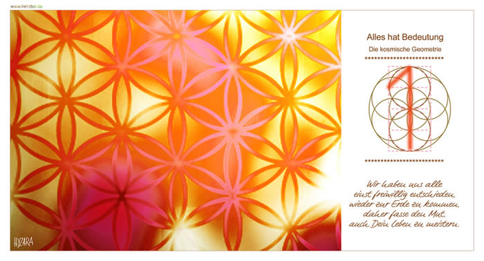 Die Bedeutung der 1 - Wir haben uns alle einst freiwillig entschieden, wieder zur Erde zu kommen, daher fasse den Mut, auch Dein Leben zu meistern. Sei EINS mit DIR und Gott und allem Leben. Die EINS symbolisiert den Ursprung, die UR-Einheit, den Schöpfer: GOTT selbst, Die EINS ist die SUMME aller Möglichkeiten, daher rührt auch der Ausdruck 1 + 1 = 1, sie ist das Zentrum, Mittelpunkt, das UNTEILBARE. Im Weg des KOSMISCHEN AUFSTIEGS symbolisiert die EINS: Die STUFE der "Vorbereitung", lernen wir durch unser tägliches Leben. Im Miteinander, in der Kommunikation, im Umgang mit unseren Mitmenschen, den Tieren, der Natur. Wir leben! Erste Gedanken werden in uns wach, dass es mehr gibt, als das Leben, wie wir es bisher kennen. Unser Interesse wird geweckt. Die KOSMISCHE Geometrie - 1