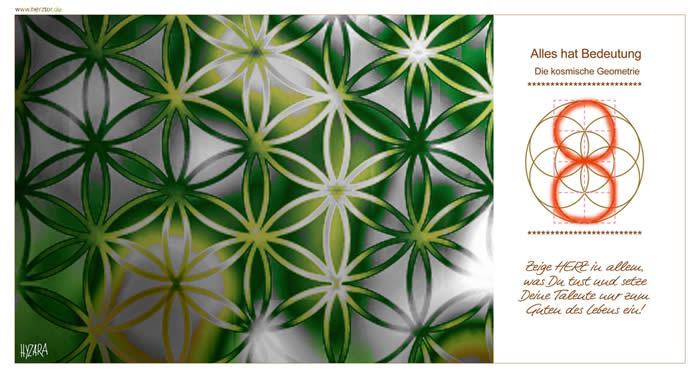 Zeige HERZ in allem, was Du tust und setze Deine Talente nur zum Guten des Lebens ein! Die ACHT ist die Zahl der UNENDLICHKEIT. Der RAUM, der zwischen den Dimensionen der Polarität liegt. In der Mythologie gelangt man über die 7 Stufen der Himmelsleiter zur ACHT, dem Paradies, der Auferstehung und Glückseeligkeit. Unser Tonleiter endet mit der Oktave, und BEGINNT WIEDER NEU. Immerwährender ANFANG.Die ACHT ist im Weg des KOSMISCHEN AUFSTIEGS Symbol der "DURCHLICHTUNG". Du ERKENNST zunehmend mehr Zusammenhänge. Beginnst HELLFÜHLIGER zu werden. Deine geistigen FÄHIGKEITEN werden ganz individuell wiedererweckt, bzw. gestärkt. Dein Körper passt sich deinen seelischen Empfindungen immer mehr an. Du spürst konkret wie du alte Belastungen auflösen konntest und Gegenwärtiges unmittelbar auf dich wirkt. Dein Körper wird FEINFÜHLIGER, so wie deine Wahrnehmungen genauer und immer aufmerksamer werden. Du ERKENNST für dich NEUE ZIELE. Die KOSMISCHE Geometrie - 8