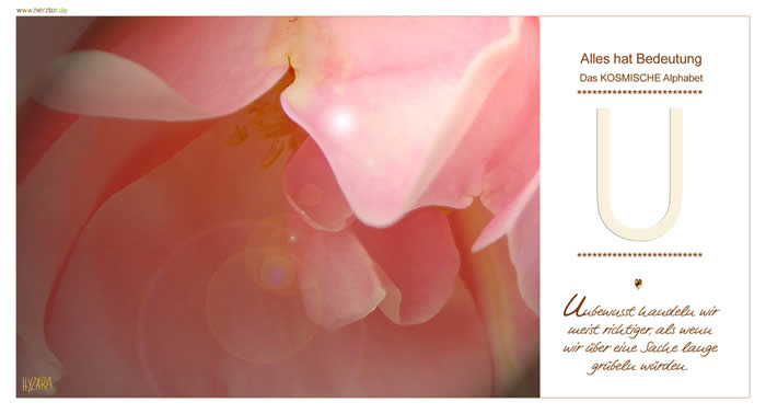 Unbewusst handeln wir meist richtiger, als wenn wir über eine Sache lange grübeln würden. Zwei senkrechte Linien, die für GOTT und UNS selbst stehen, die miteinander durch einem runden Bogen auch in der Ebene des IRDISCHEN verbunden sind. Wie in eine Schale fließt alle LIEBE GOTTES zu uns, Wir EMPFANGEN die GRÖSSTE HILFE DES HIMMELS. Eine Umarmung GOTTES, die uns sicher HÄLT auf unserem Weg des körperlichen Lebens und in der wir uns stets geborgen fühlen dürfen. Bist Du bereit, GOTTES LIEBE auch anzunehmen? U - Das KOSMISCHE Alphabet