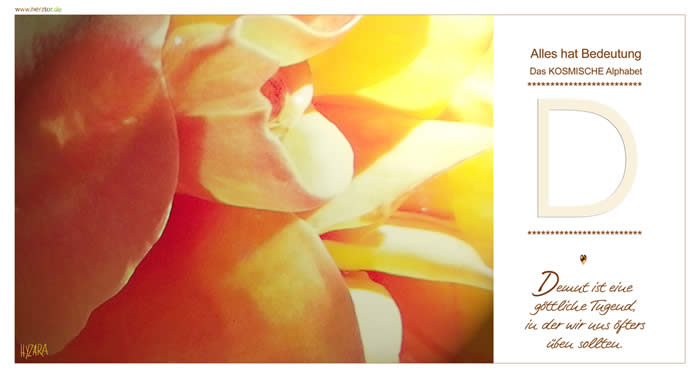 Das KOSMISCHE Alphabet, , Demut ist eine göttliche Tugend, in der wir uns öfters üben sollten. Ähnlich wie der Buchstabe "B" zeigt sich hier zunächst die direkte Verbindung zu GOTT durch die senkrechte Linie. Das "D" steht für Deine Durchsetzungskraft, Deine Dauerhaftigkeit, direkt wirkt die HIMMLISCHE HILFE für Dich und durch Dich. In Harmonie und LIEBE wirst Du mit göttlicher Kraft Deinen Weg gehen. Wie ein umgekehrtes "C" umfasst der Bogen das "D": Du wirst folglich Deine begonnenen Aufgaben mit KOSMISCHER HILFE erfüllen. D - Das KOSMISCHE Alphabet