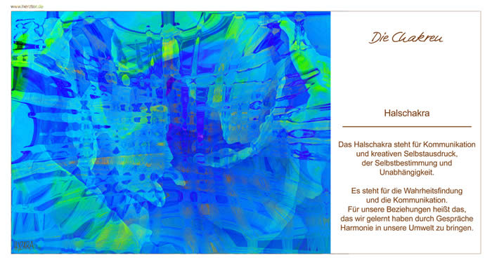 Das Halschakra steht für Kommunikation und kreativen Selbstausdruck, der Selbstbestimmung und Unabhängigkeit. Es steht für die Wahrheitsfindung und die Kommunikation. Für unsere Beziehungen heißt das, das wir gelernt haben durch Gespräche Harmonie in unsere Umwelt zu bringen.  Die Chakren - 5 Das Halschakra