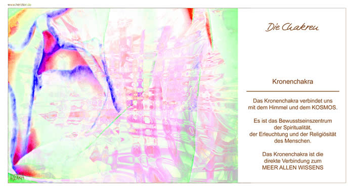 Das Kronenchakra verbindet uns mit dem Himmel und dem KOSMOS. Es ist das Bewusstseinszentrum der Spiritualität, der Erleuchtung und der Religiösität des Menschen. Das Kronenchakra ist die direkte Verbindung zum MEER ALLEN WISSENS Die Chakren - 8 Das Kronenchakra