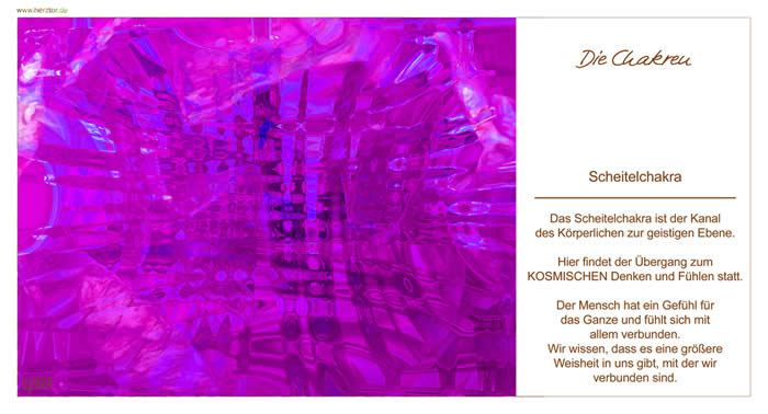 Das Scheitelchakra ist der Kanal des K örperlichen zur geistigen Ebene. Hier findet der Übergang zum KOSMISCHEN Denken und Fühlen statt. Der Mensch hat ein Gefühl für das Ganze und fühlt sich mit allem verbunden. Wir wissen, dass es eine größere Weisheit in uns gibt, mit der wir verbunden sind. Die Chakren - 7 Das Scheitelchakra