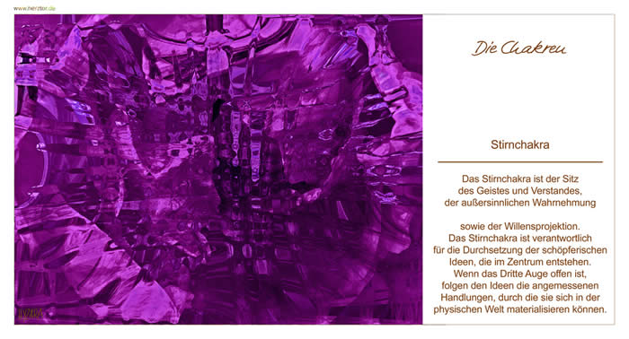 Das Stirnchakra ist der Sitz des Geistes und Verstandes, der außersinnlichen Wahrnehmung sowie der Willensprojektion. Das Stirnchakra ist verantwortlich für die Durchsetzung der schöpferischen Ideen, die im Zentrum entstehen. Wenn das Dritte Auge offen ist, folgen den Ideen die angemessenen Handlungen, durch die s ie sich in der physischen Welt materialisieren können Die Chakren - 6 Das Stirnchakra