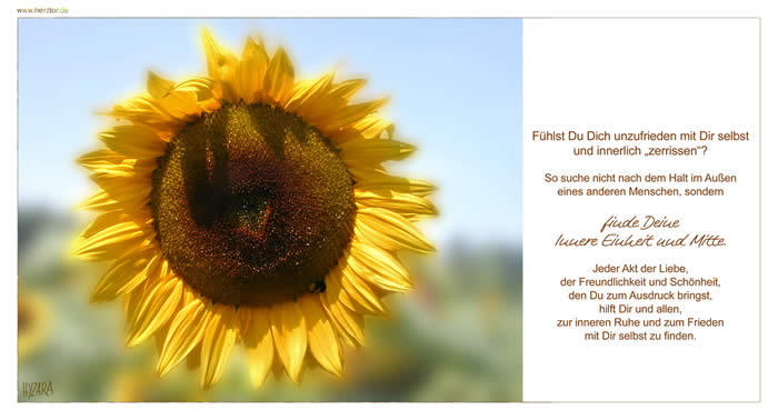 Fühlst Du Dich unzufrieden mit Dir selbst und innerlich „zerrissen“? So suche nicht nach dem Halt im Außen eines anderen Menschen, sondern finde Deine Innere Einheit und Mitte. Jeder Akt der Liebe, der Freundlichkeit und Schönheit, den Du zum Ausdruck bringst, hilft Dir und allen, zur inneren Ruhe und zum Frieden mit Dir selbst zu finden. Innere Ruhe