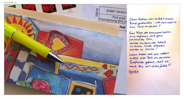 Du hast Post - Wann haben wir zuletzt einen Brief geschrieben - oder nur mal so - eine Karte verschickt? Eine Form der Kommunikation zum anfassen und ganz persönliche Zeit, unsere autentische Schrift zu einem Stück Literatur werden zu lassen! Wann haben wir uns selbst zuletzt über Post in unseren Briefkasten gefreut, weil sie unser Herz mit Liebe füllte?