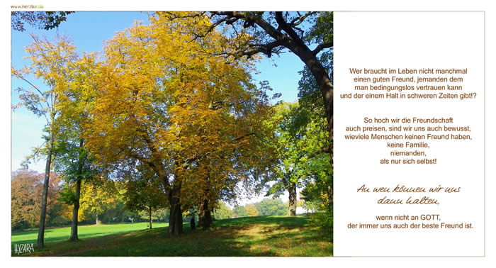 Wer braucht im Leben nicht manchmal einen guten Freund, jemanden dem man bedingungslos vertrauen kann und der einem Halt in schweren Zeiten gibt!? So hoch wir die Freundschaft auch preisen, sind wir uns auch bewusst, wieviele Menschen keinen Freund haben, keine Familie, niemanden, als nur sich selbst! An wen können wir uns dann halten, wenn nicht an GOTT, der immer uns auch der beste Freund ist. Freundschaft