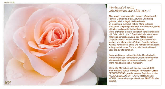 Wer kennt sie nicht, „die Moral von der Geschicht...“? Alles was in einem sozialen Kontext (Gesellschaft, Familie, Gemeinde, Staat...) für gut und richtig gehalten wird, spiegelt die Moral wider. Im Gegensatz zur Ethik hat die Moral teilweise emotionale Ursprünge wie Ekel, Hass oder Angst und ist kultur- und gesellschaftsabhängig. Moral entwickelt sich auf tradierten Vorstellungen wie z.B. "Man stiehlt nicht.". Damit stellt die Moral einen halbwegs geregelten Ablauf des Alltags sicher. Da jeder Mensch mit der jeweils spezifischen Vorstellung von Moral seiner Zeit und Gesellschaft aufwächst, verinnerlicht er sie und richtet seinen Lebensvollzug nach ihr aus. Sie erscheint ihm traditionell über alle Zweifel erhaben. Doch wie können unterschiedliche Gesellschaftsformen moralisch harmonieren, wenn Ihre tradierten Moralvorstellungen ebenso verschieden sind? Wann handeln wir selbst moralisch? Wenn alle Menschen sich aus der reinen LIEBE ihres Herzens heraus individuell Ihres ETHISCHEN BESUSSTSEINS gewahr werden, folgt daraus eine NEUE GESELLSCHAFTLICHE Vostellung von MORAL, die zu einem ganzheitlichen FRIEDEN aller beiträgt. Moral