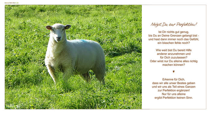 Neigst Du zur Perfektion? Ist Dir nichts gut genug, bis Du an Deine Grenzen gelangt bist - und hast dann immer noch das Gefühl, ein bisschen fehle noch? Wie weit bist Du bereit Hilfe anderer anzunehmen und für Dich zuzulassen? Oder wirst nur Du alleine alles richtig machen können? Erkenne für Dich, dass wir alle unser Bestes geben und wir uns als Teil eines Ganzen zur Perfektion ergänzen! Nur für uns alleine ergibt Perfektion keinen Sinn. Perfektion