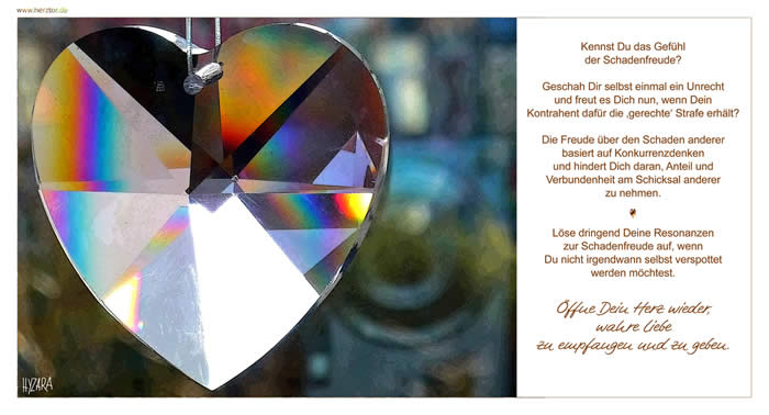 Kennst Du das Gefühl der Schadenfreude? Geschah Dir selbst einmal ein Unrecht und freut es Dich nun, wenn Dein Kontrahent dafür die ‚gerechte‘ Strafe erhält? Die Freude über den Schaden anderer basiert auf Konkurrenzdenken und hindert Dich daran, Anteil und Verbundenheit am Schicksal anderer zu nehmen. Löse dringend Deine Resonanzen zur Schadenfreude auf, wenn Du nicht irgendwann selbst verspottet werden möchtest. Öffne Dein Herz wieder, wahre Liebe zu empfangen und zu geben. Schadenfreude