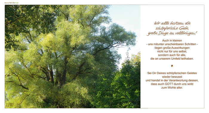 Wir alle besitzen die schöpferische Gabe, große Dinge zu vollbringen! Auch in kleinen - uns mitunter unscheinbaren Schritten - liegen große Auswirkungen nicht nur für uns selbst, sondern auch für alle, die an unserem Umfeld teilhaben. Sei Dir Deines schöpferischen Geistes wieder bewusst und handel in der Verantwortung dessen, dass auch GOTT durch uns wirkt zum Wohle aller. Der schöpferische Geist