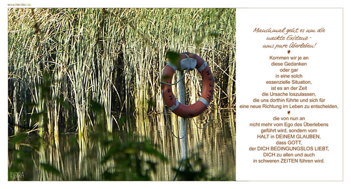 Manchmal geht es um die nackte Existenz - ums pure Überleben! Kommen wir je an diese Gedanken oder gar in eine solch essenzielle Situation, ist es an der Zeit die Ursache loszulassen, die uns dorthin führte und sich für eine neue Richtung im Leben zu entscheiden, die von nun an nicht mehr vom Ego des Überlebens geführt wird, sondern vom HALT in DEINEM GLAUBEN, dass GOTT, der DICH BEDINGUNGSLOS LIEBT, DICH zu allen und auch in schweren ZEITEN führen wird. Überleben