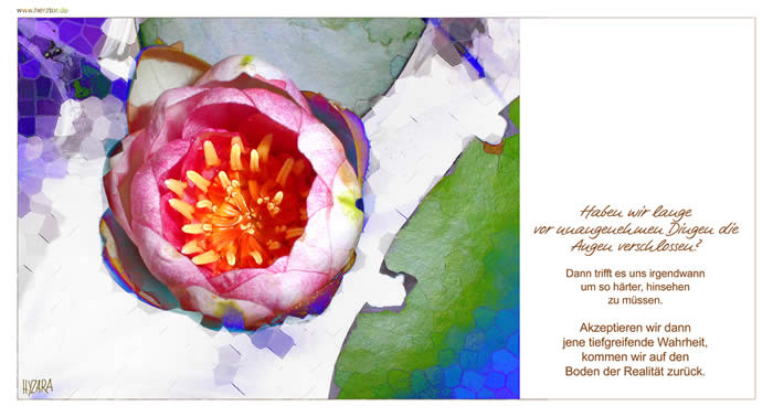 Wahrheiten - Haben wir lange vor unangenehmen Dingen die Augen verschlossen? Dann trifft es uns irgendwann um so härter, hinsehen zu müssen. Akzeptieren wir dann jene tiefgreifende Wahrheit, kommen wir auf den Boden der Realität zurück.